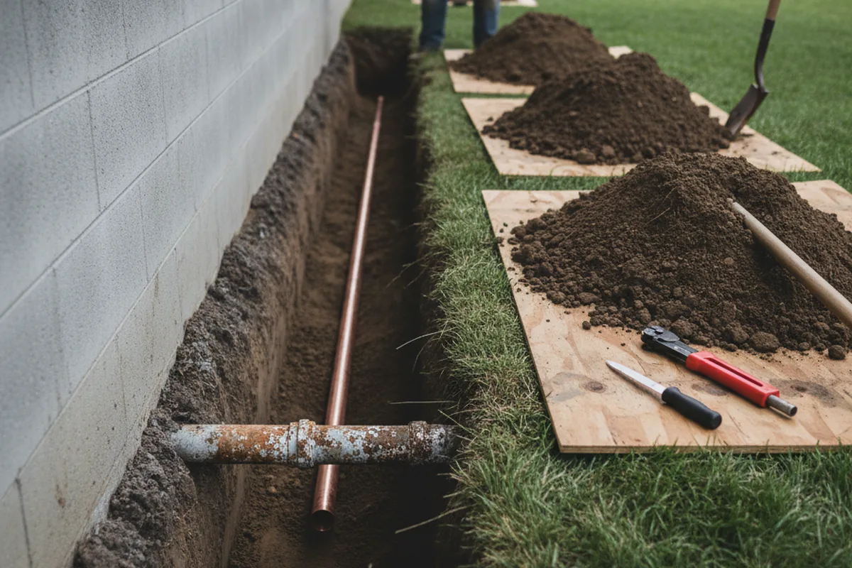 Excavated water line trench during Water Heater Repair in Truckee